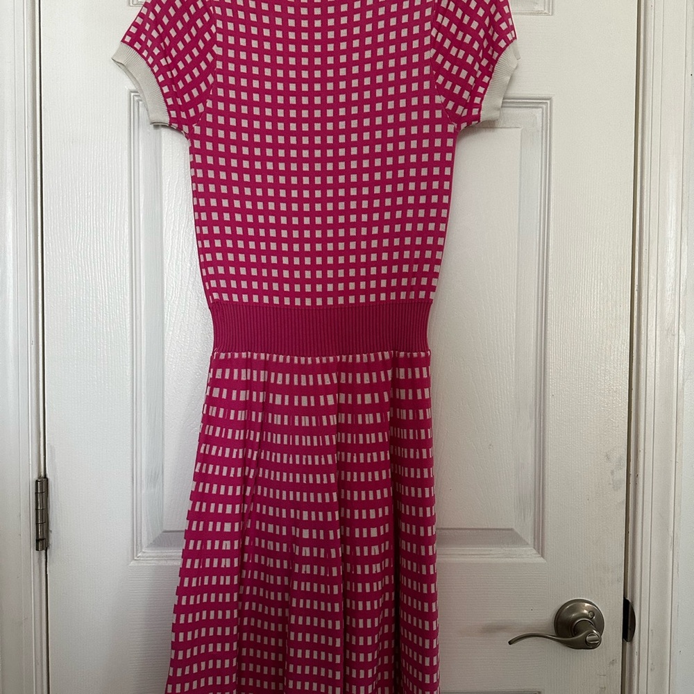 Unique Vintage Fuchsia and White Checkered Midi Dress - Picture 4 of 7